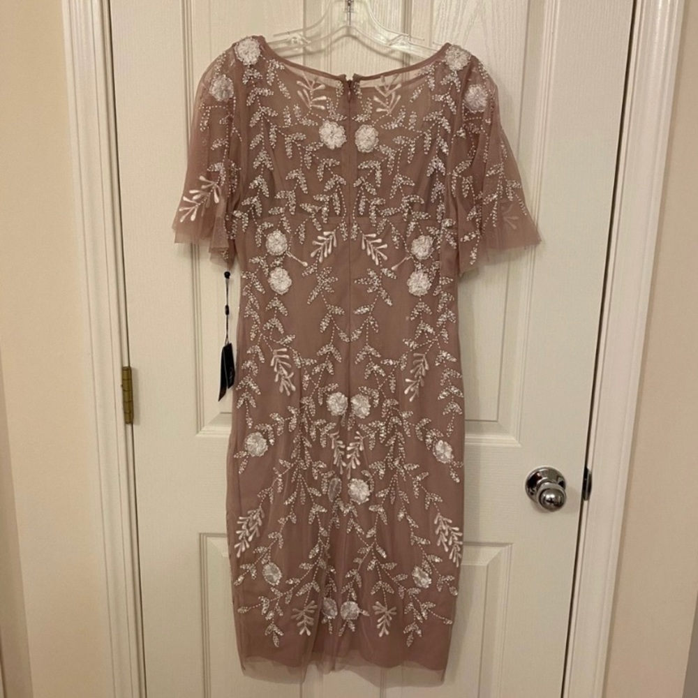 Adrianna Papell Embellished Flutter-Sleeve Sheath Dress in Dusted Petal/Ivory - Picture 9 of 13